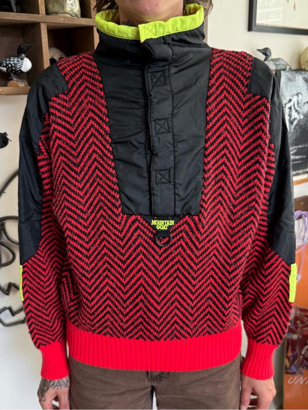 Vintage 80s Wool Blend Ski Sweater Chevron Knit Mountain Goat ~ Size Medium